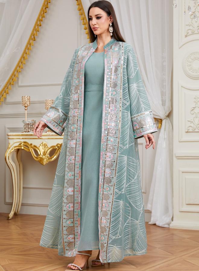 Take Two Women Sequin Patch Detail Kimono and Dress Modest Set - Image 1