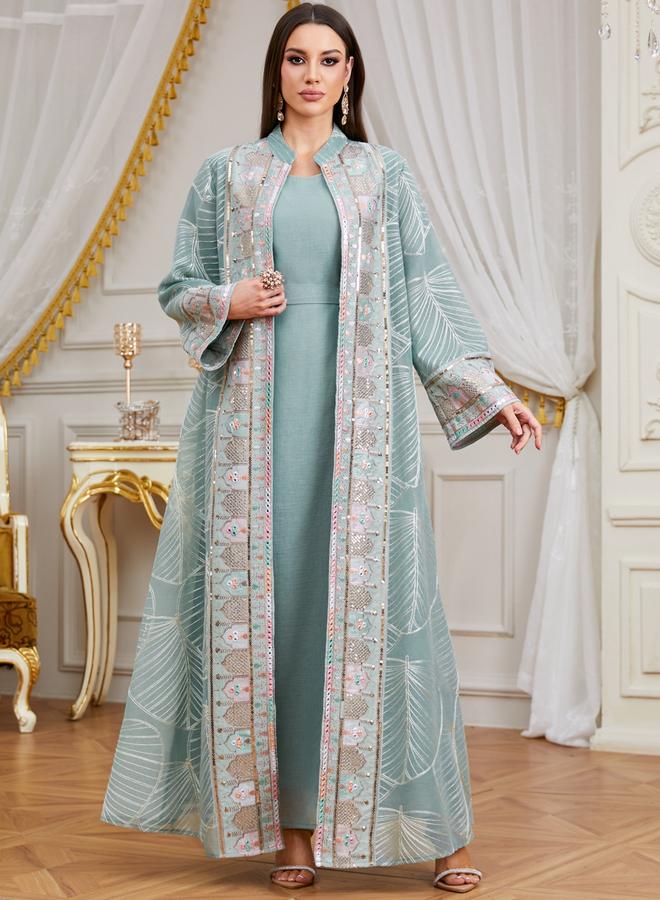 Take Two Women Sequin Patch Detail Kimono and Dress Modest Set - Image 3