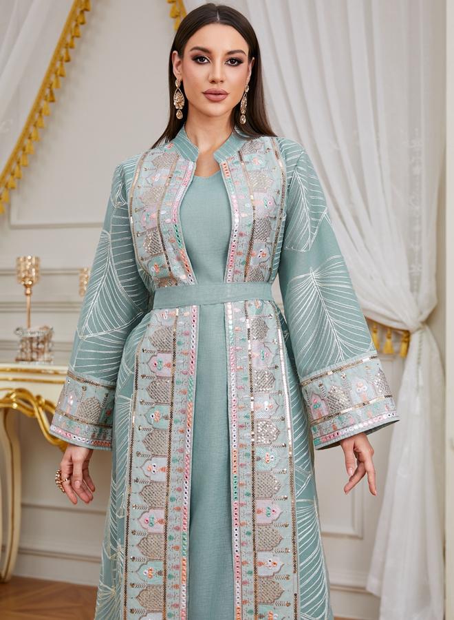 Take Two Women Sequin Patch Detail Kimono and Dress Modest Set - Image 5