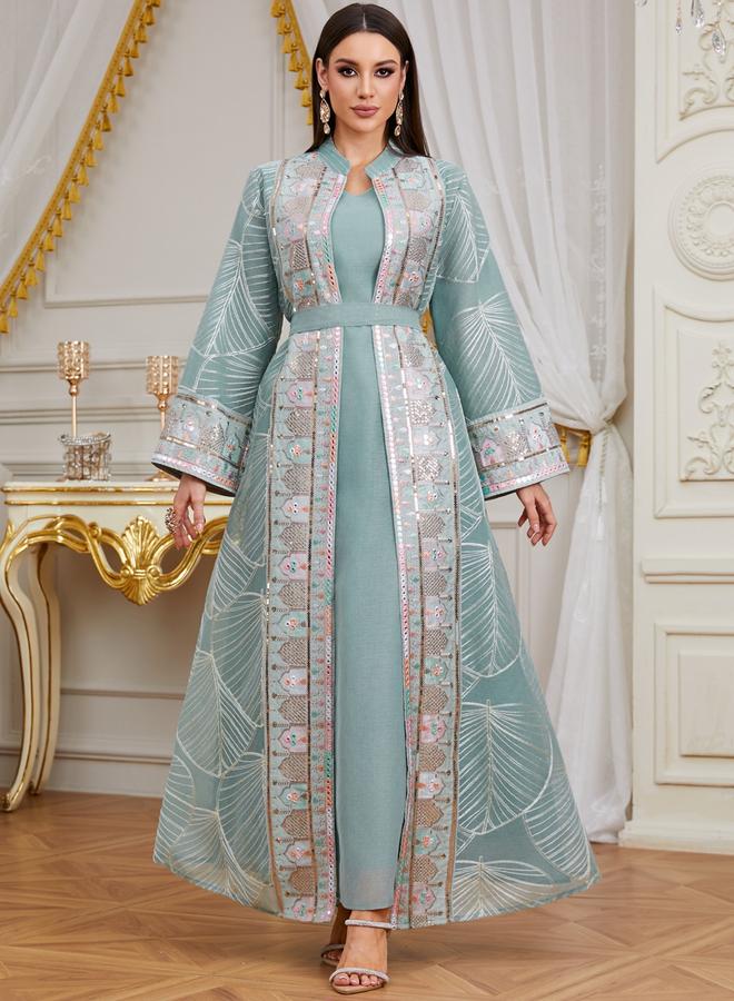 Take Two Women Sequin Patch Detail Kimono and Dress Modest Set - Image 2