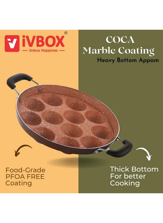 ivbox Koca-Marble Appa Patra Heavy-Base Non Stick 12-Cavity Appam Maker Pan, Cast Aluminium, Brown - Image 3