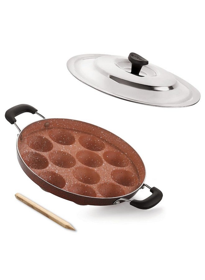 ivbox Koca-Marble Appa Patra Heavy-Base Non Stick 12-Cavity Appam Maker Pan, Cast Aluminium, Brown - Image 1