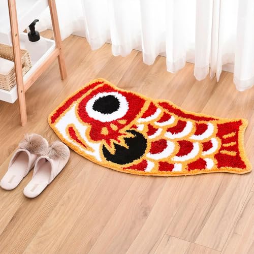Feblilac Cute Bath Rug Mat, Red Fish Soft Non-Slip Bathroom Rugs, Japanese Koi Shape Decor Floor Carpet, Funny Absorbent Bathtub Mats for Shower 17.7"x33.5" - Image 1