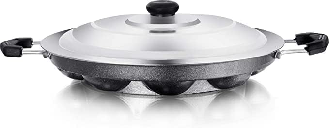 Xtend Nonstick Appam Patra (12 Cavity) Hammer Tone Coating Paniarakkal with Lid 12 L Capacity 21 Cm Diameter (Aluminium, Non-Stick), Black - Image 3