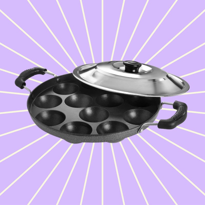 Xtend Nonstick Appam Patra (12 Cavity) Hammer Tone Coating Paniarakkal with Lid 12 L Capacity 21 Cm Diameter (Aluminium, Non-Stick), Black - Image 5