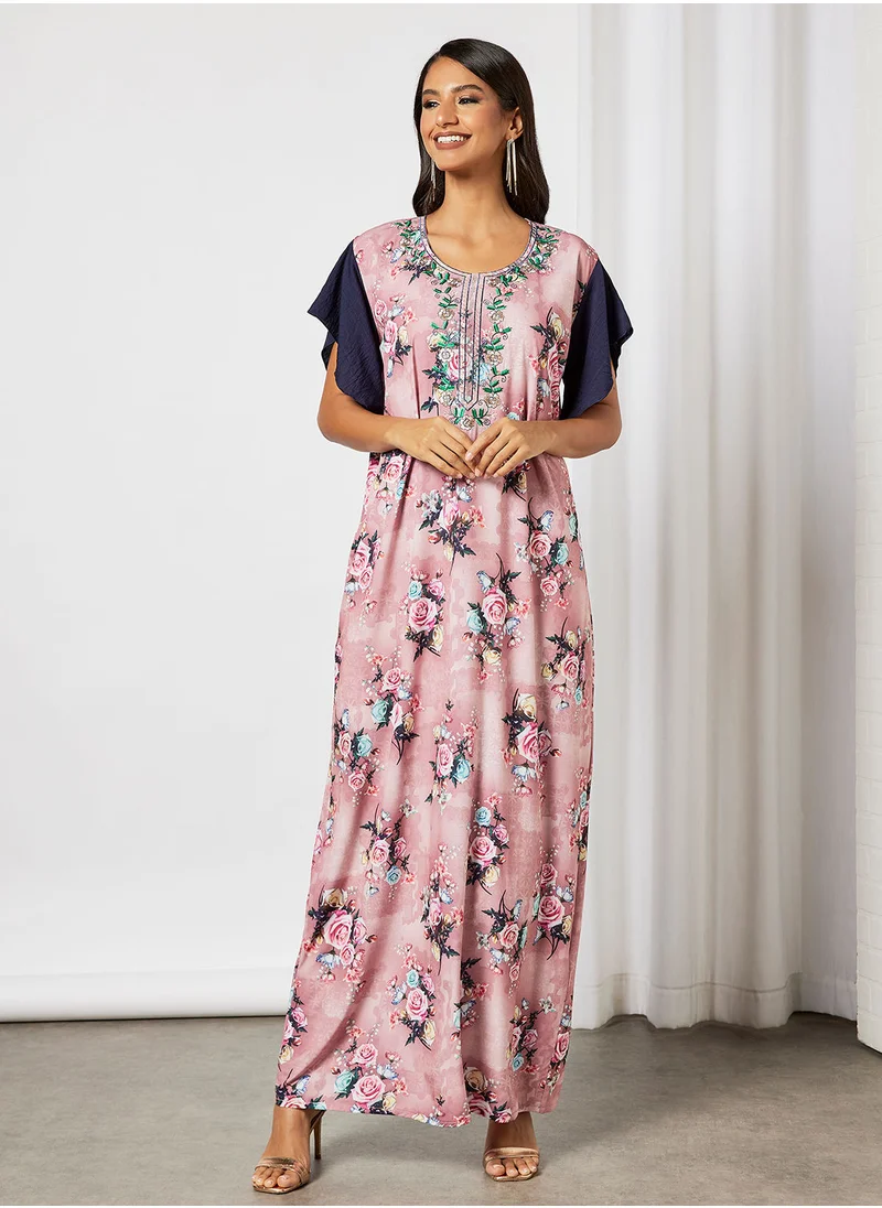 Hayat Floral Jalabiya With Embroidery In Short Sleeves With Belt