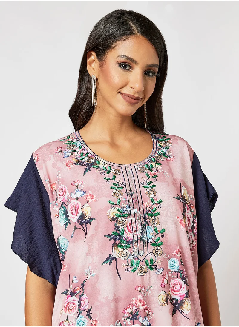 Hayat Floral Jalabiya With Embroidery In Short Sleeves With Belt