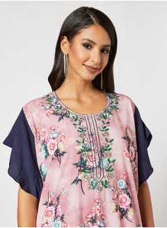 Hayat Floral Jalabiya With Embroidery In Short Sleeves With Belt  - Image 3