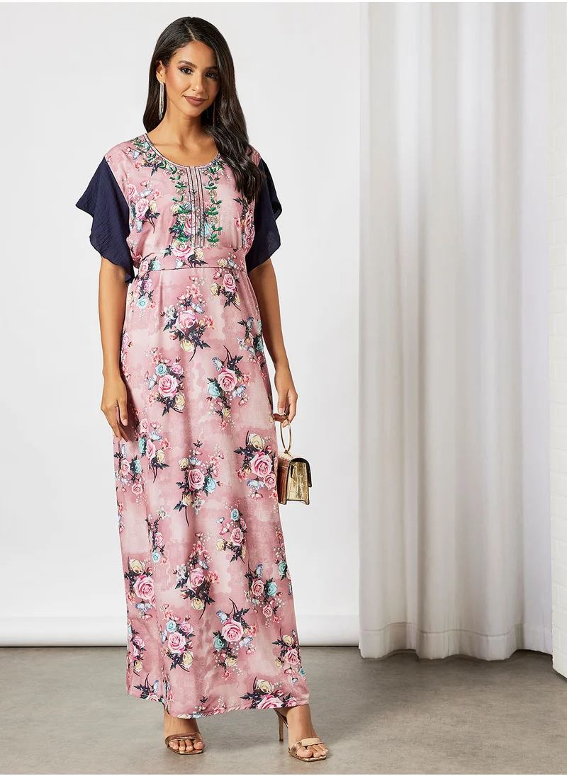 Hayat Floral Jalabiya With Embroidery In Short Sleeves With Belt
