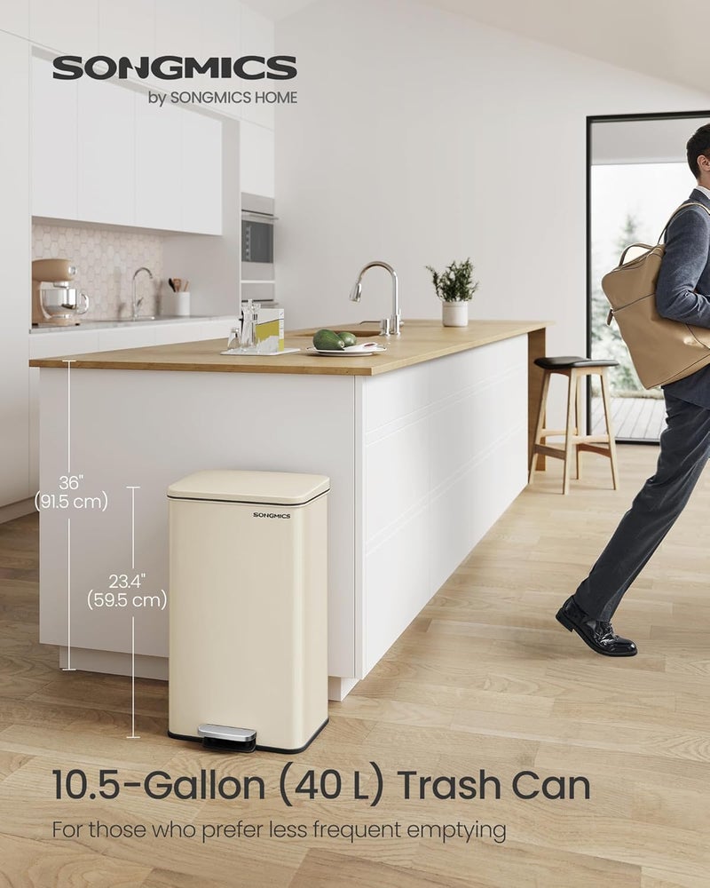 SONGMICS Kitchen Trash Can, 10.5 Gallon (40 L) Garbage Can, Large Step Trash Bin with Lid, Stainless Steel, Soft Close, 15 Trash Bags Included, Pale Gold - Image 2