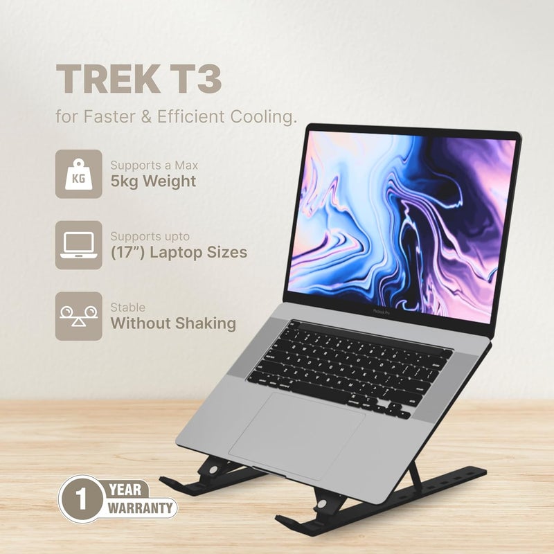 GEONIX Trek T3 Aluminium Ergonomic Laptop Stand | 7 Angles Adjustable Tabletop | Anti Slip Rubber Pads | Foldable | Compatible with Laptops Upto 17 inch (Black) - Image 2