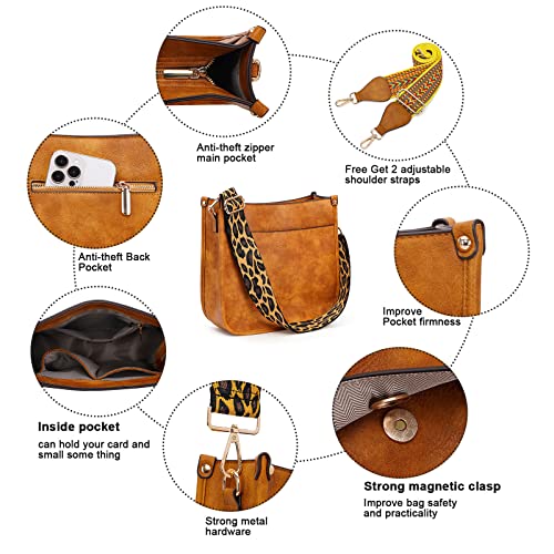 HKCLUF Crossbody Bags for Women Trendy Vegan Leather Hobo Handbags With 2 Adjustable Guitar Strap Crossbody Bucket Purse for Women(Lightbrown) - Image 5