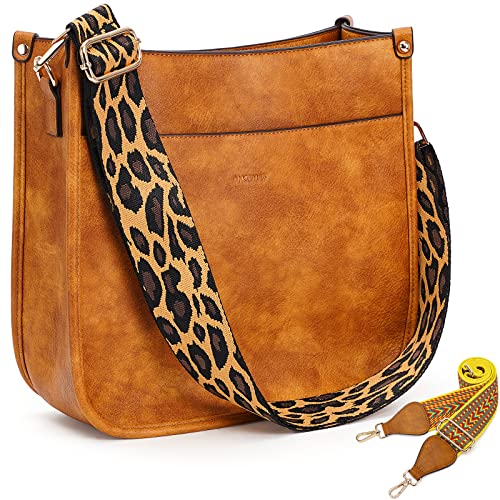 HKCLUF Crossbody Bags for Women Trendy Vegan Leather Hobo Handbags With 2 Adjustable Guitar Strap Crossbody Bucket Purse for Women(Lightbrown) - Image 1