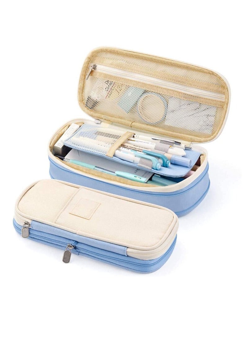 Excefore Large Capacity Pencil Case, Cosmetic Bag, Large Capacity, Storage Bag With Zipper, Suitable For School Office (Light Blue) - Image 1