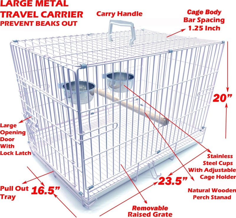 Mcage Large Portable Durable Metal Travel or Veterinary Easy Collapsable Parrot Bird Carrier Bite-Proof Carrier Cage Easy Clean Pull Out Tray Stainless Steel Feeder Bowls Natural Wooden Perch - Image 1