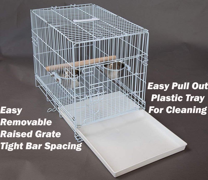 Mcage Large Portable Durable Metal Travel or Veterinary Easy Collapsable Parrot Bird Carrier Bite-Proof Carrier Cage Easy Clean Pull Out Tray Stainless Steel Feeder Bowls Natural Wooden Perch - Image 2