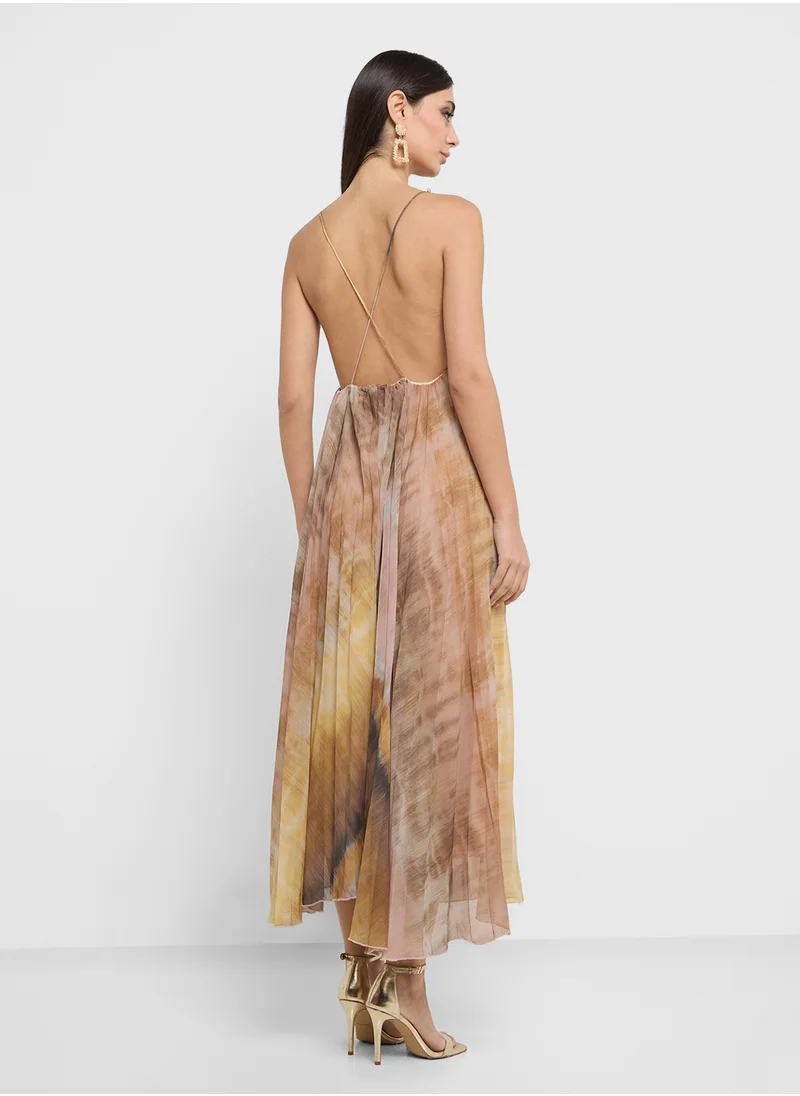 Ginger Halter Neck Ombre Pleated Maxi Dress