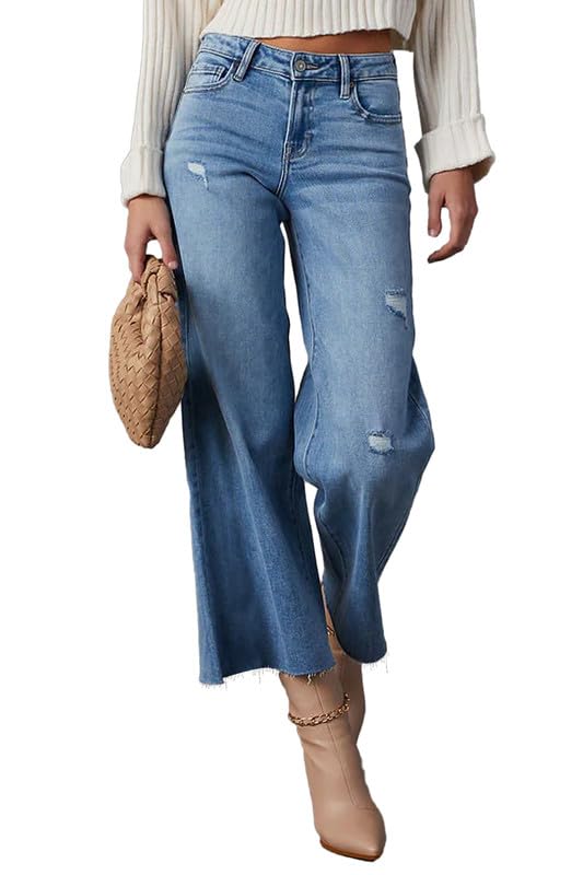Allimy Women's High Waisted Straight Ankle Wide Leg Ripped Jeans Frayed Hem Stretchy Capri Denim Pants Blue Size 10 - Image 4