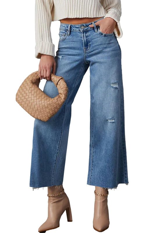 Allimy Women's High Waisted Straight Ankle Wide Leg Ripped Jeans Frayed Hem Stretchy Capri Denim Pants Blue Size 10 - Image 1