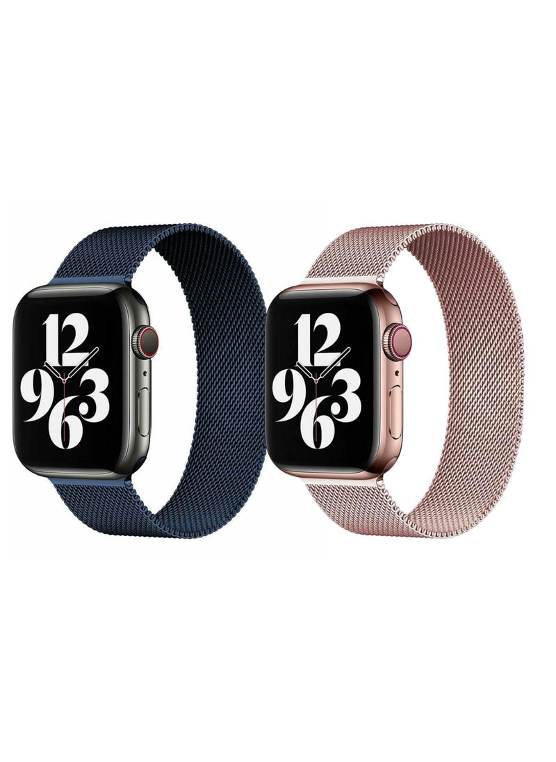 YOMNA Stainless Steel Mesh Band Strap Loop for Apple Watch Series Rose Gold Strap and Blue Strap  - Image 1