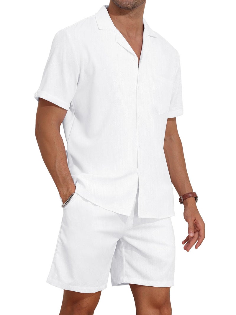 YTD Mens 2 Pieces Shirt Set Short Sleeve Button Down Casual Hippie Holiday Beach T-Shirts Shorts Outfits L White - Image 1