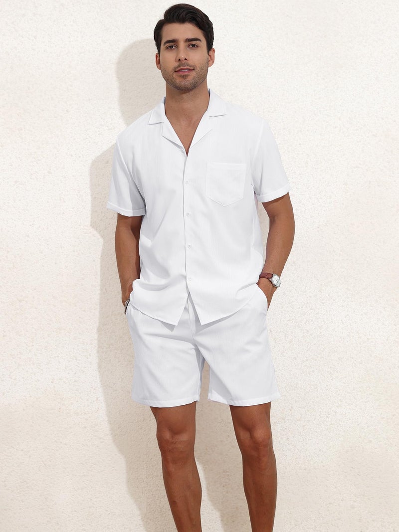 YTD Mens 2 Pieces Shirt Set Short Sleeve Button Down Casual Hippie Holiday Beach T-Shirts Shorts Outfits L White - Image 4