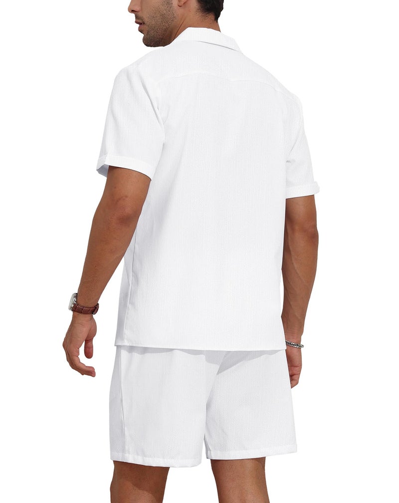 YTD Mens 2 Pieces Shirt Set Short Sleeve Button Down Casual Hippie Holiday Beach T-Shirts Shorts Outfits L White - Image 5