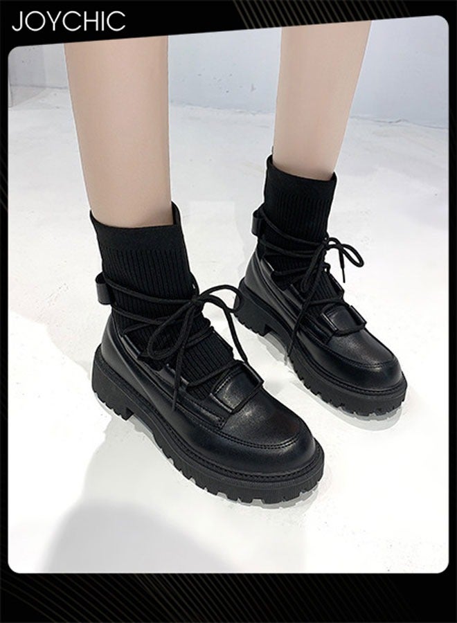 Joychic Slim Knitted Ankle Boots Casual Vintage Black Lace Up Boots Women Fashion Autumn Winter Non Slip Shoes Ladies Elegant Design - Image 1