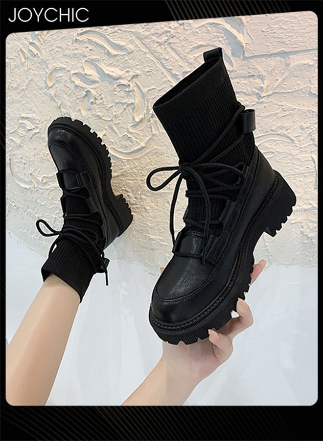 Joychic Slim Knitted Ankle Boots Casual Vintage Black Lace Up Boots Women Fashion Autumn Winter Non Slip Shoes Ladies Elegant Design - Image 2