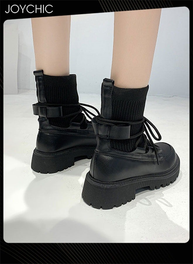 Joychic Slim Knitted Ankle Boots Casual Vintage Black Lace Up Boots Women Fashion Autumn Winter Non Slip Shoes Ladies Elegant Design - Image 3