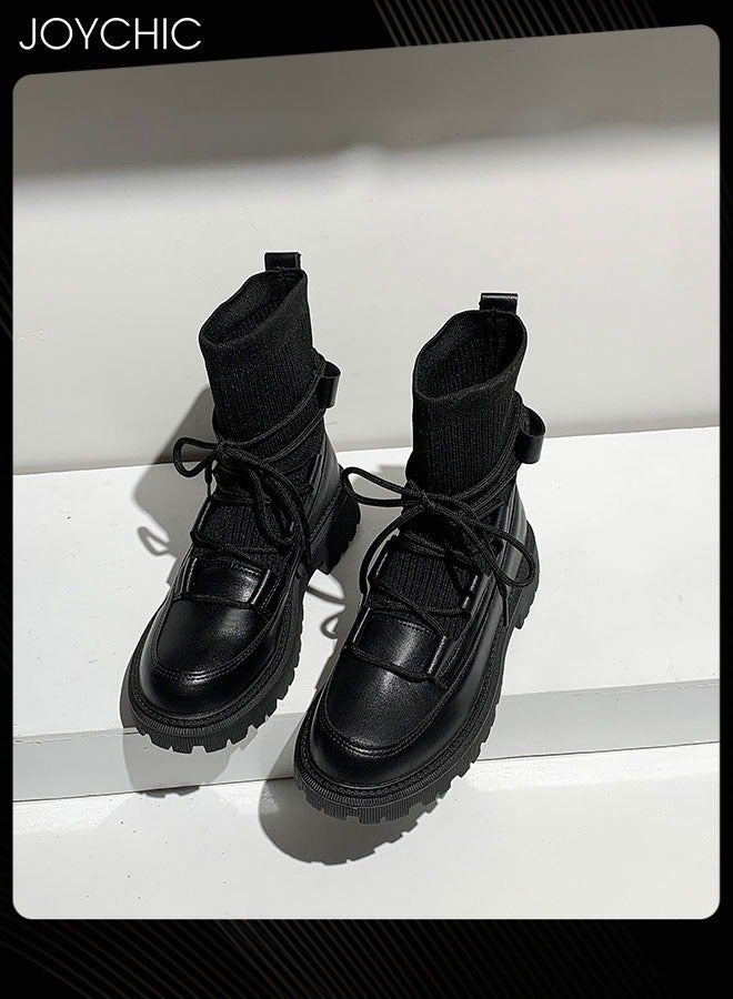 Joychic Slim Knitted Ankle Boots Casual Vintage Black Lace Up Boots Women Fashion Autumn Winter Non Slip Shoes Ladies Elegant Design - Image 4