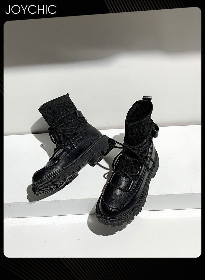 Joychic Slim Knitted Ankle Boots Casual Vintage Black Lace Up Boots Women Fashion Autumn Winter Non Slip Shoes Ladies Elegant Design - Image 5
