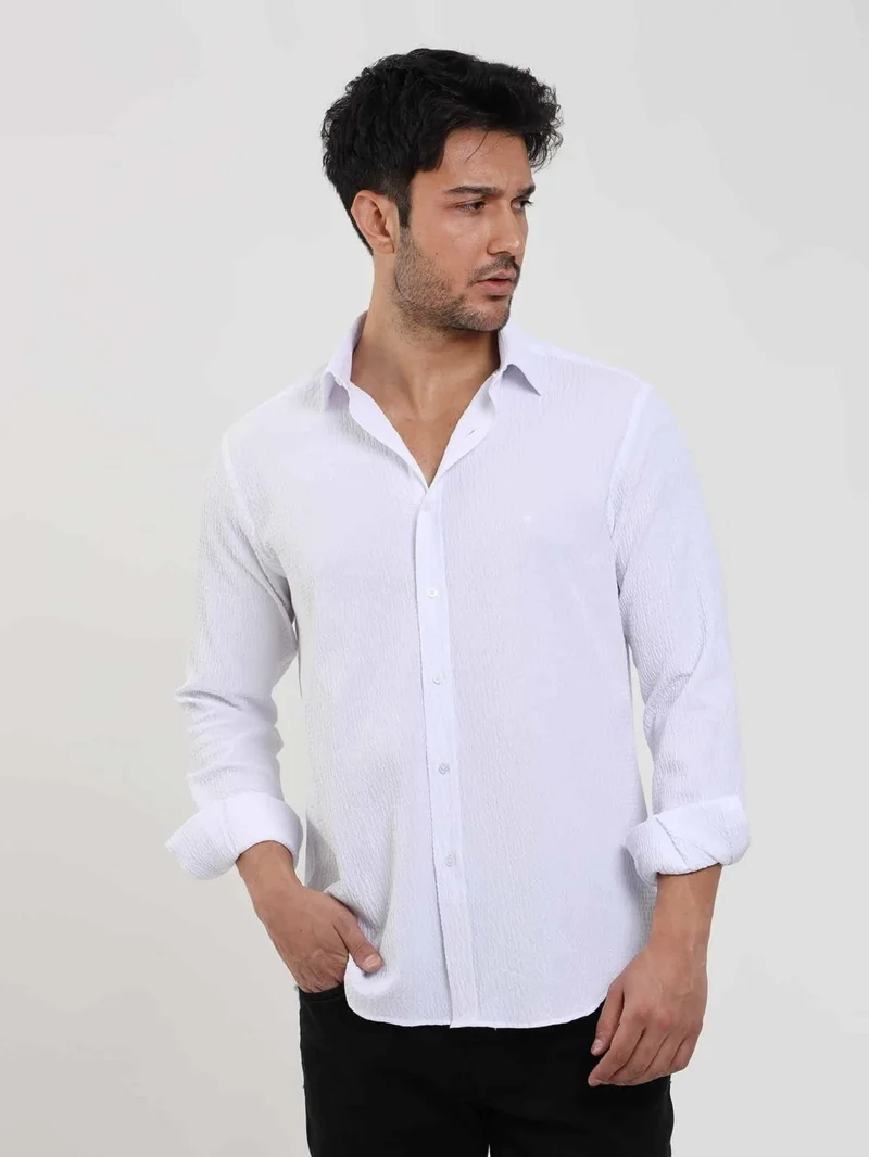 دوفي White Men's Slim Fit Seersucker Patterned Brent Collar Long Sleeve Shirt - 104795