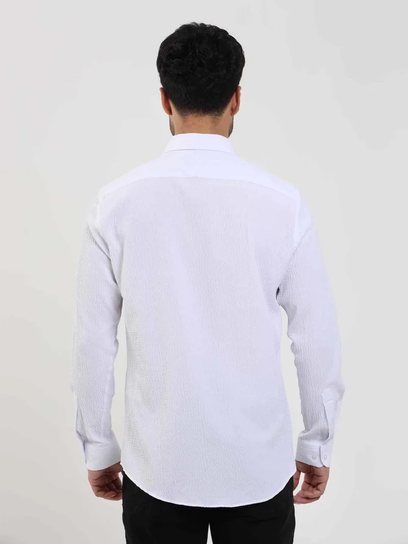 دوفي White Men's Slim Fit Seersucker Patterned Brent Collar Long Sleeve Shirt - 104795