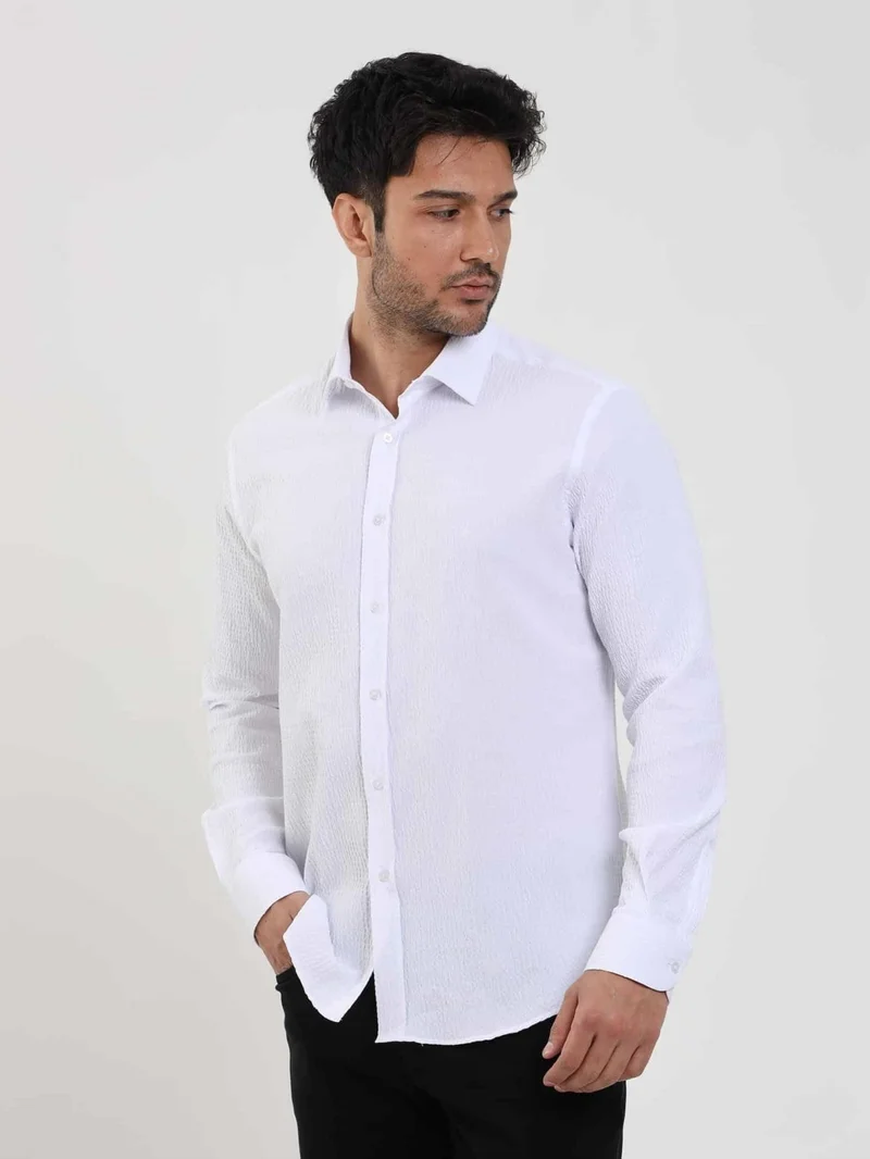 دوفي White Men's Slim Fit Seersucker Patterned Brent Collar Long Sleeve Shirt - 104795