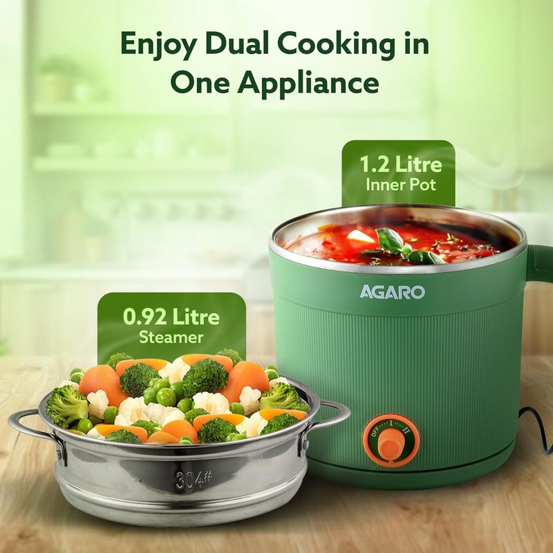 AGARO Regency Multi Cook Kettle With Steamer, 1.2L Inner Pot, Double Layered Body, Variable Temperature Settings, Wide Mouth, Boiling, Steaming, Tea, Coffee, Egg, Vegetable Boiling, 600W, Sea Green - Image 2