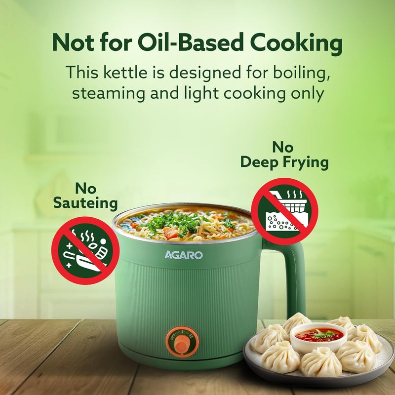 AGARO Regency Multi Cook Kettle With Steamer, 1.2L Inner Pot, Double Layered Body, Variable Temperature Settings, Wide Mouth, Boiling, Steaming, Tea, Coffee, Egg, Vegetable Boiling, 600W, Sea Green - Image 5