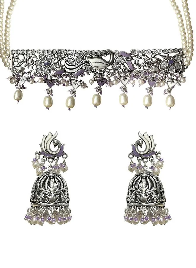 VOYLLA Filigree Design Silver Toned Round Faux Pearls Jewellery Set