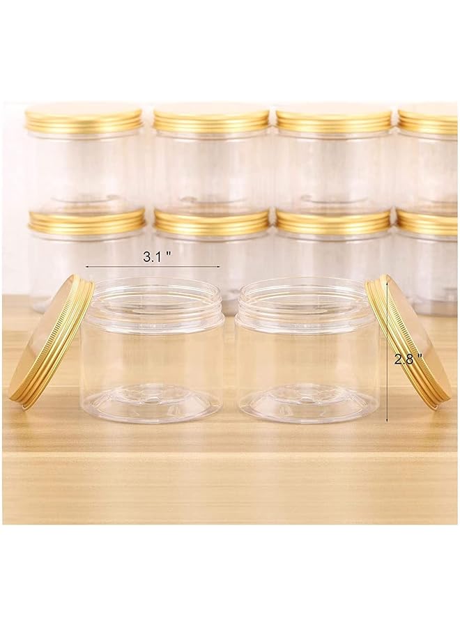 الصقر 12 قطعة 250 مل زجاجات فارغة قابلة لإعادة التعبئة من البلاستيك الشفاف مع أغطية ذهبية لتخزين الطعام ومنتجات التخزين المنزلية وحاويات دائرية للحلوى والتوابل والبسكويت - Image 2