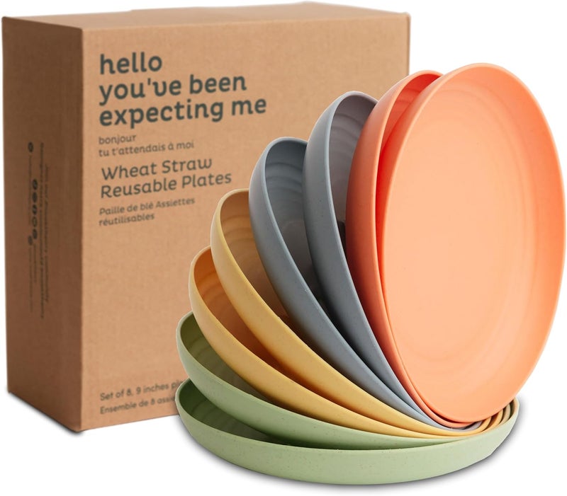 Nook Theory Reusable Wheat Straw Plates 8 Pcs  Non Toxic Kids and Toddler Plate Microwavable Dishwasher Safe and Unbreakable Dinnerware Meadow 9 - Image 1