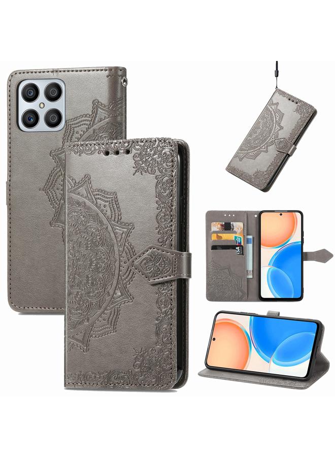 اس-توب جراب هاتف Honor X8 من الجلد المنقوش بنقشة زهرة ماندالا أفقية - Image 1