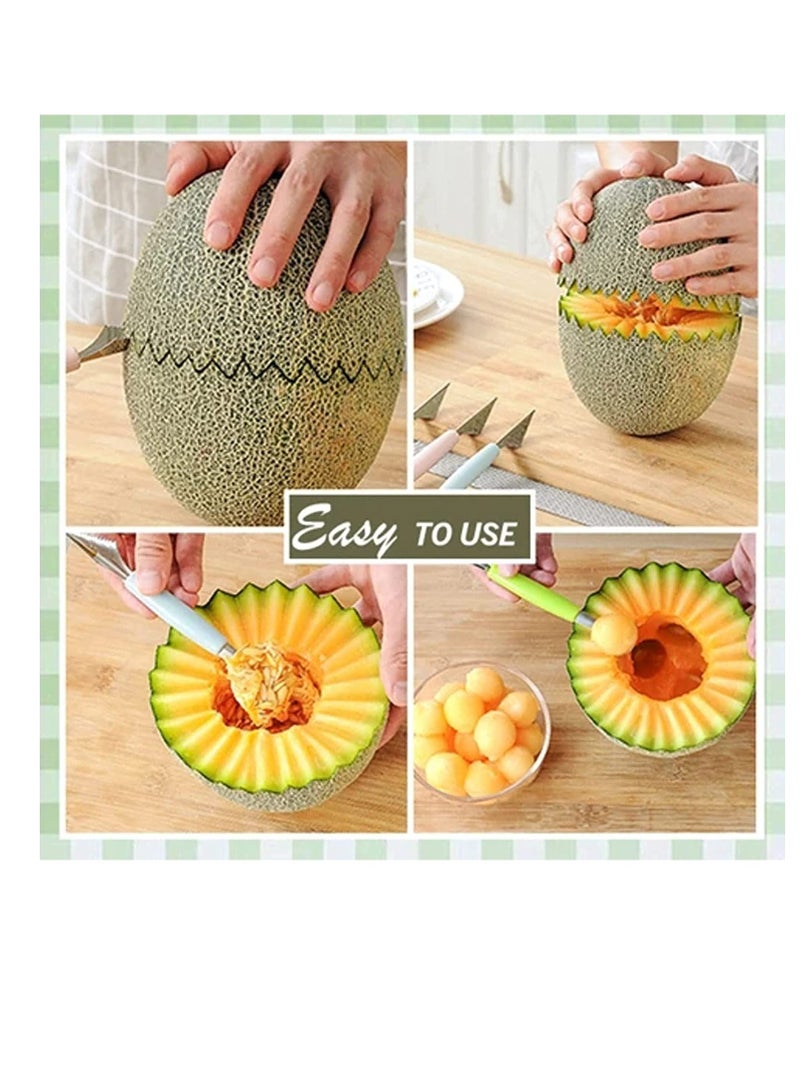 Barakah مغرفة آيس كريم 3 قطع 2 في 1 مزدوجة الرأس من الفولاذ المقاوم للصدأ لتزيين الفواكه وسكين النحت، مغرفة آيس كريم بطيخ للحلويات ذات الوظيفة المزدوجة لأدوات المطبخ المنزلية - Image 4