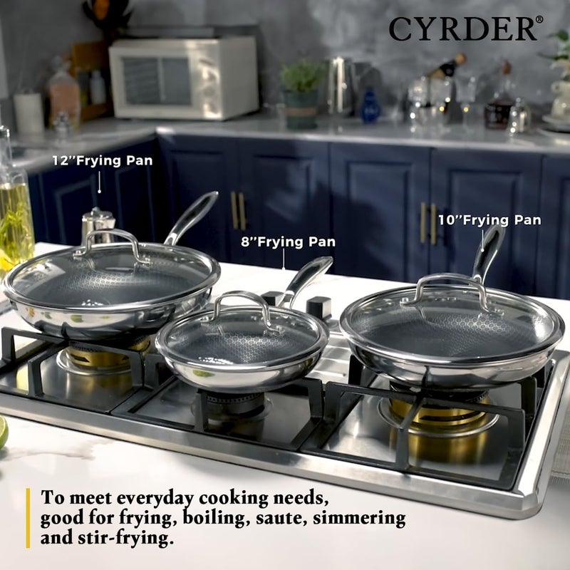 Cyrder طقم مقالي غير لاصقة، مقالي 8 و 10 و 12 بوصة، 6 قطع من مقالي الفولاذ المقاوم للصدأ 18/10 الهجينة غير اللاصقة مع غطاء، متوافقة مع الحث، آمنة في غسالة الصحون والفرن، خالية من PFOA - Image 4