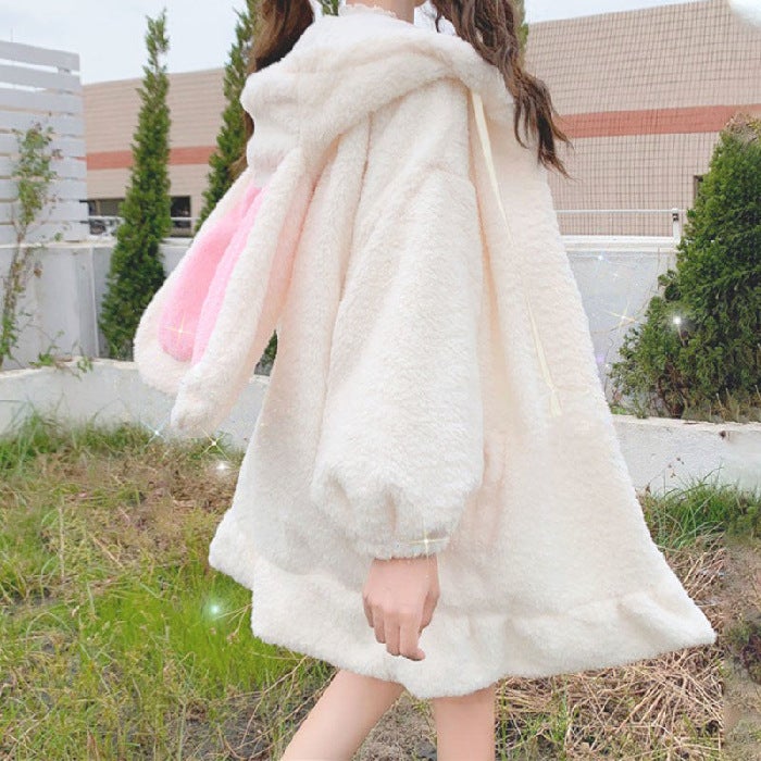 Japanese Style Soft Girl Bunny Ears Mid-Length Hooded Sweatshirt For Women 2024 Lamb Velvet Jacket For Women - Image 1