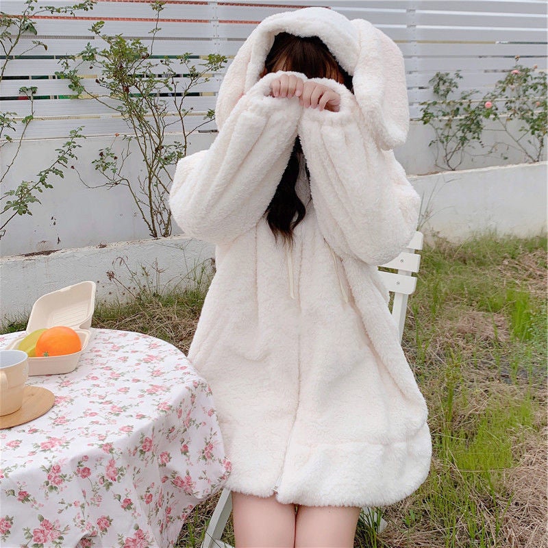 Japanese Style Soft Girl Bunny Ears Mid-Length Hooded Sweatshirt For Women 2024 Lamb Velvet Jacket For Women - Image 2