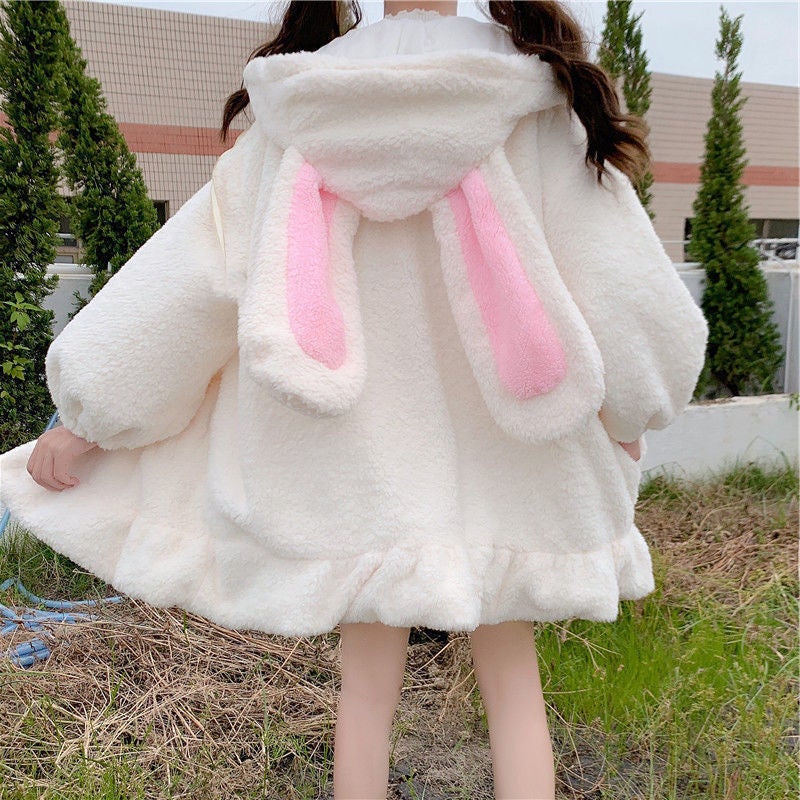 Japanese Style Soft Girl Bunny Ears Mid-Length Hooded Sweatshirt For Women 2024 Lamb Velvet Jacket For Women - Image 4