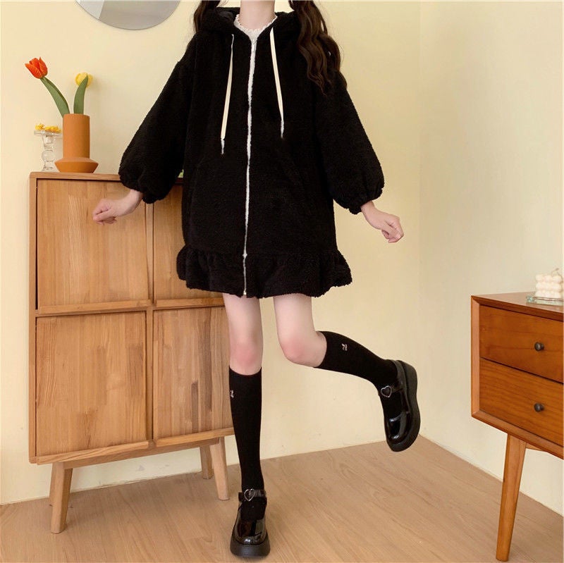 Japanese Style Soft Girl Bunny Ears Mid-Length Hooded Sweatshirt For Women 2024 Lamb Velvet Jacket For Women - Image 5
