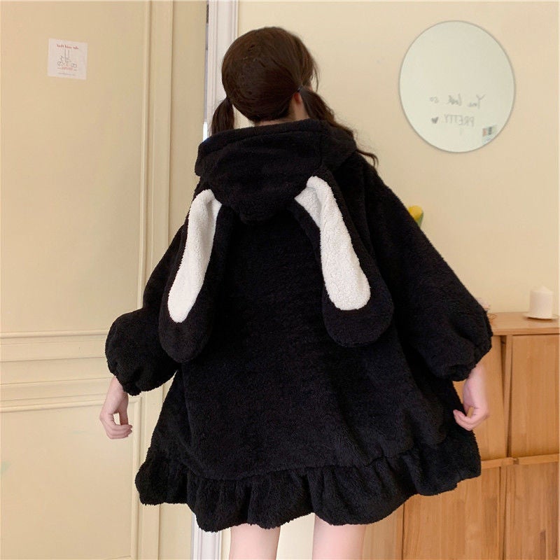 Japanese Style Soft Girl Bunny Ears Mid-Length Hooded Sweatshirt For Women 2024 Lamb Velvet Jacket For Women - Image 3