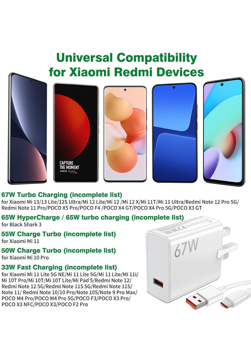 Generic شاحن توربو USB بقدرة 67 وات لـ Xiaomi، قابس شاحن سريع مع كابل شحن USB C بطول 1 متر، شاحن قابس USB محول طاقة المملكة المتحدة لـ Redmi Note 12/11/10 Pro/Mi 13T/12X/11T/Pad 5/POCO X5/X4/M4  - Image 4