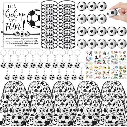 Equsion 144 Pcs Soccer Party Favors Drawstring Bags with Adjustable Bracelets Stress Balls Keychains Stickers and Wish Cards for Birthday Gifts Kids Soccer Themed Party Supplies - Image 1